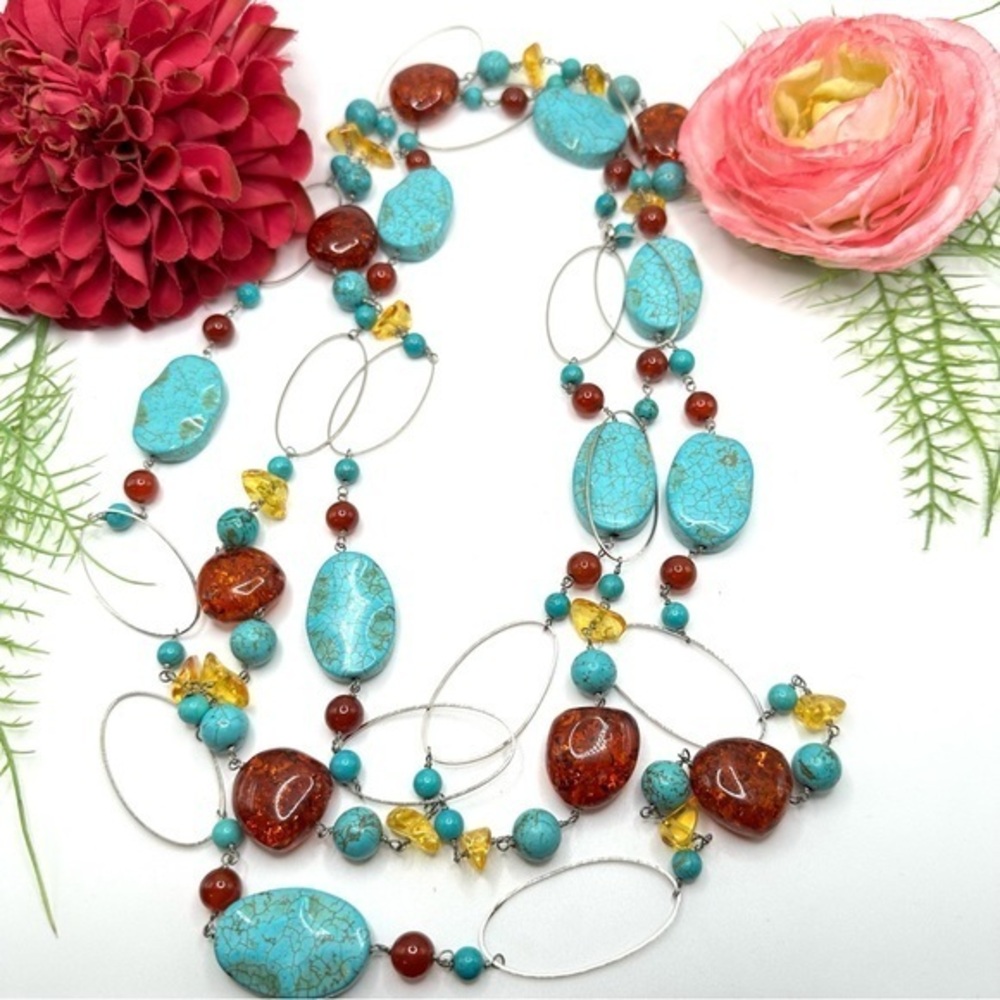NEW⚜️Turquoise & Amber Gemstone Beaded Necklace